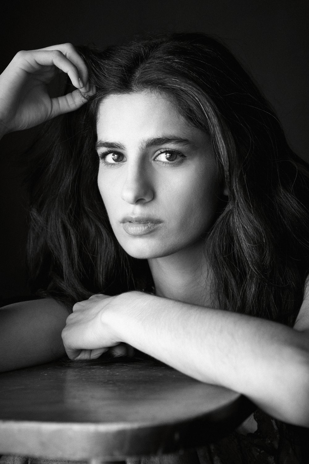 A close up black and white shot of Hannah Khalique-Brown