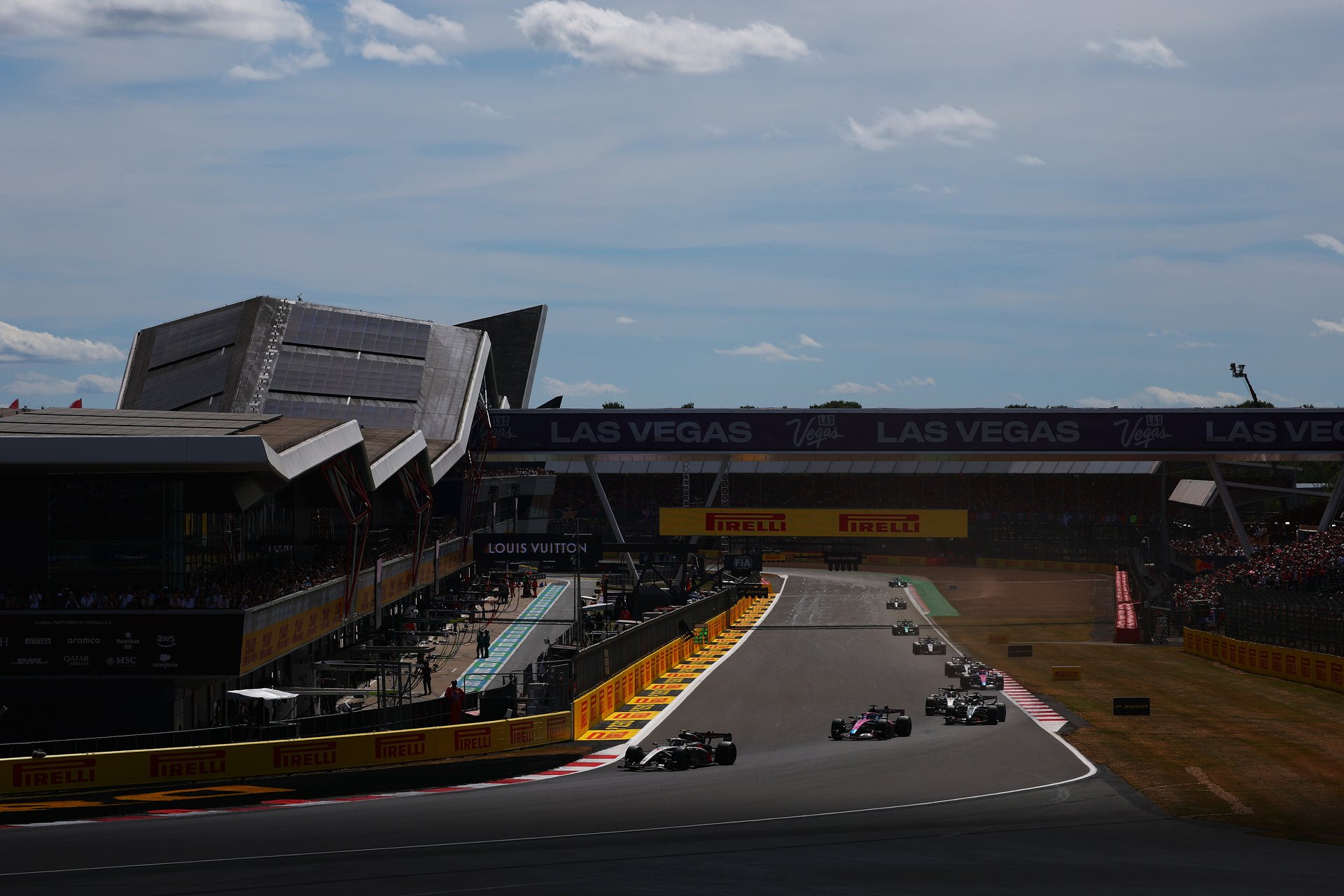 An overhead shot of the F1 cars racing at Silverstone in July 2026.