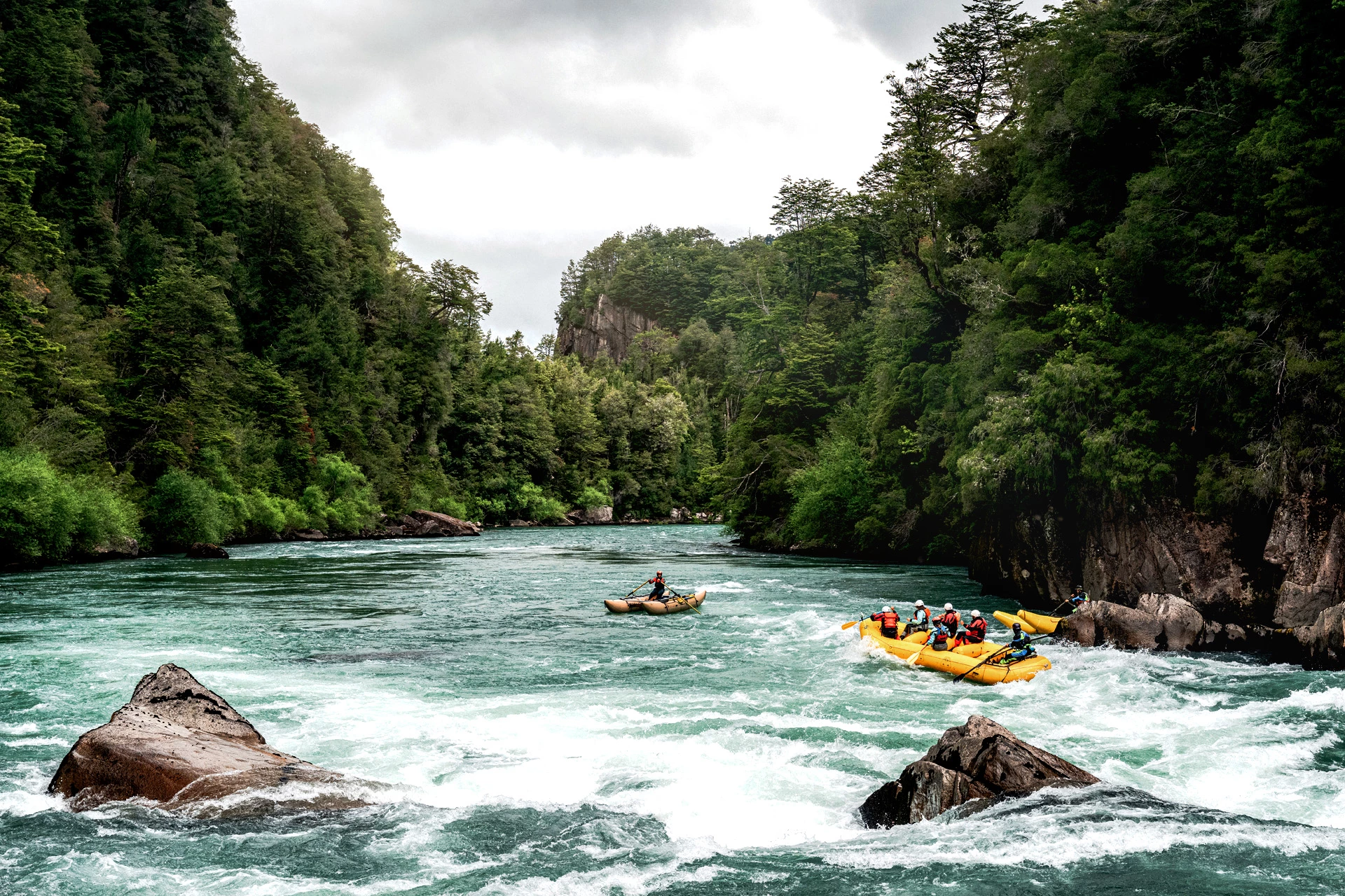 Tree-lined rapids with people canoeing