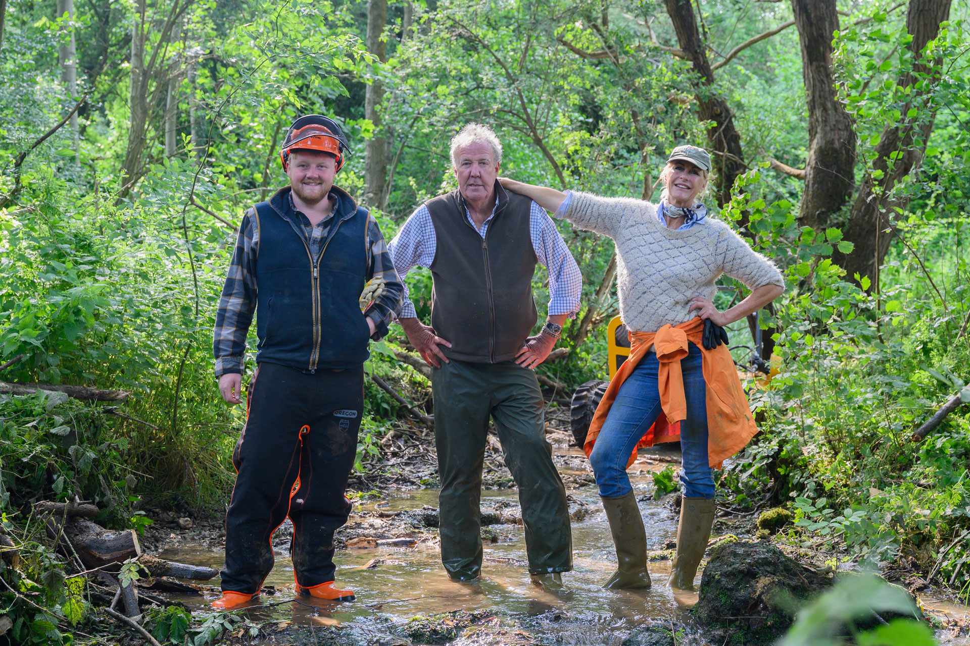 Kaleb Cooper, Jeremy Clarkson and Lisa Hogan on Clarkson's Farm
