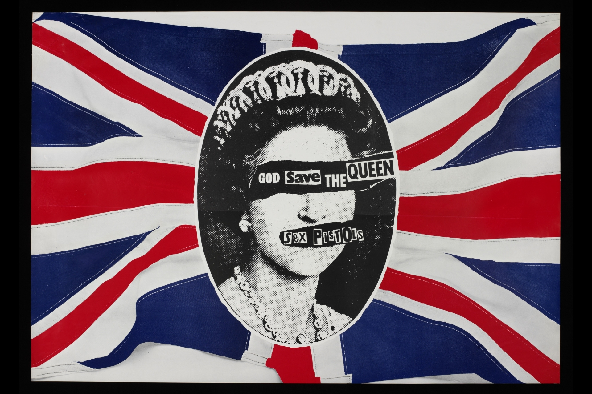 Promotional poster for Sex Pistols' single God Save The Queen, 1977. Jamie Reid. Artwork Jamie Reid, (c) Sex Pistols Residuals, Universal Music Group