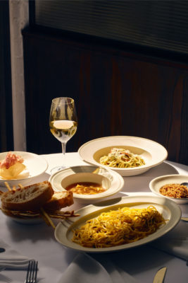 Table of pasta dishes at Rosina restaurant in London