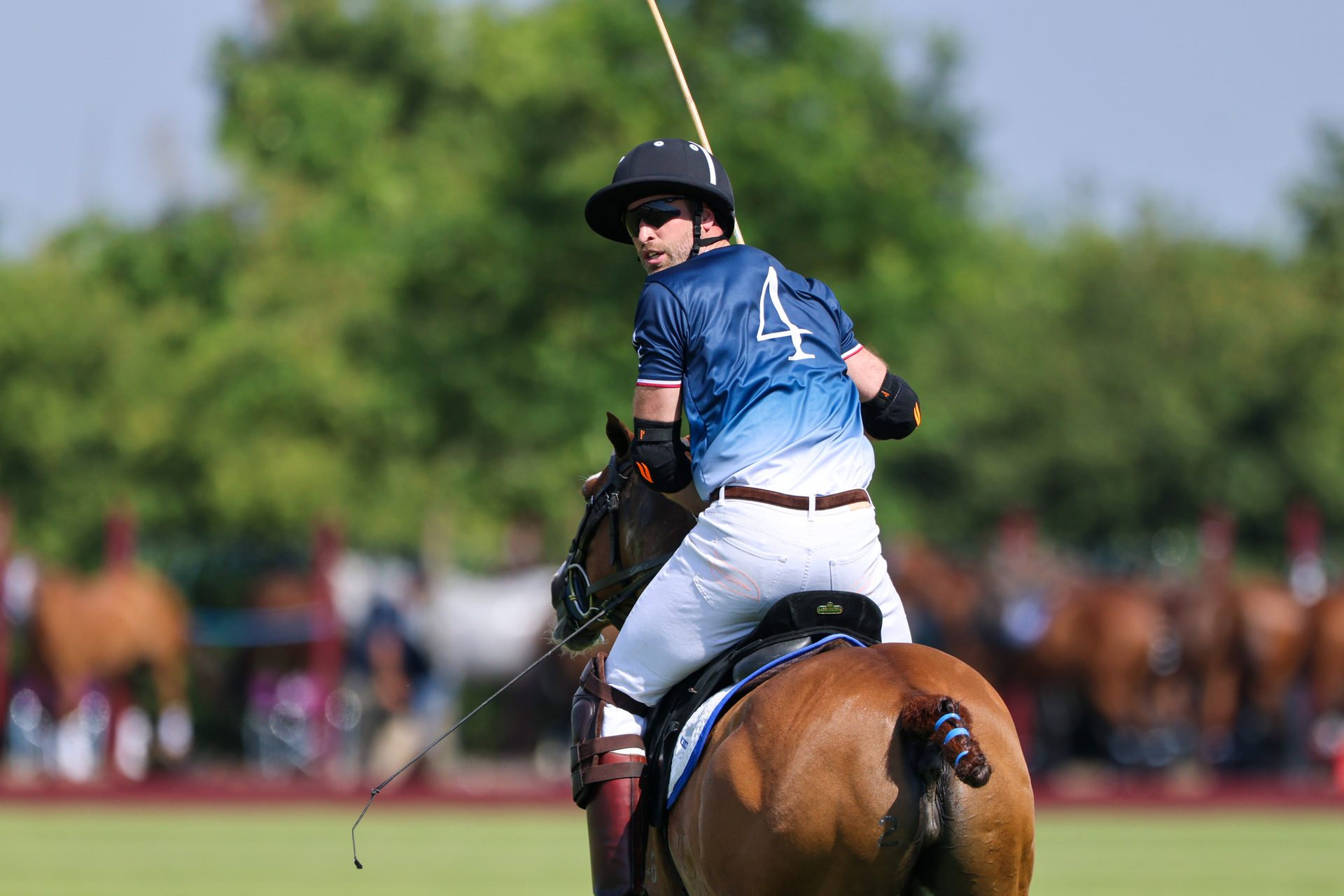 Prince William riding away on a polo pony, looking back at the camera