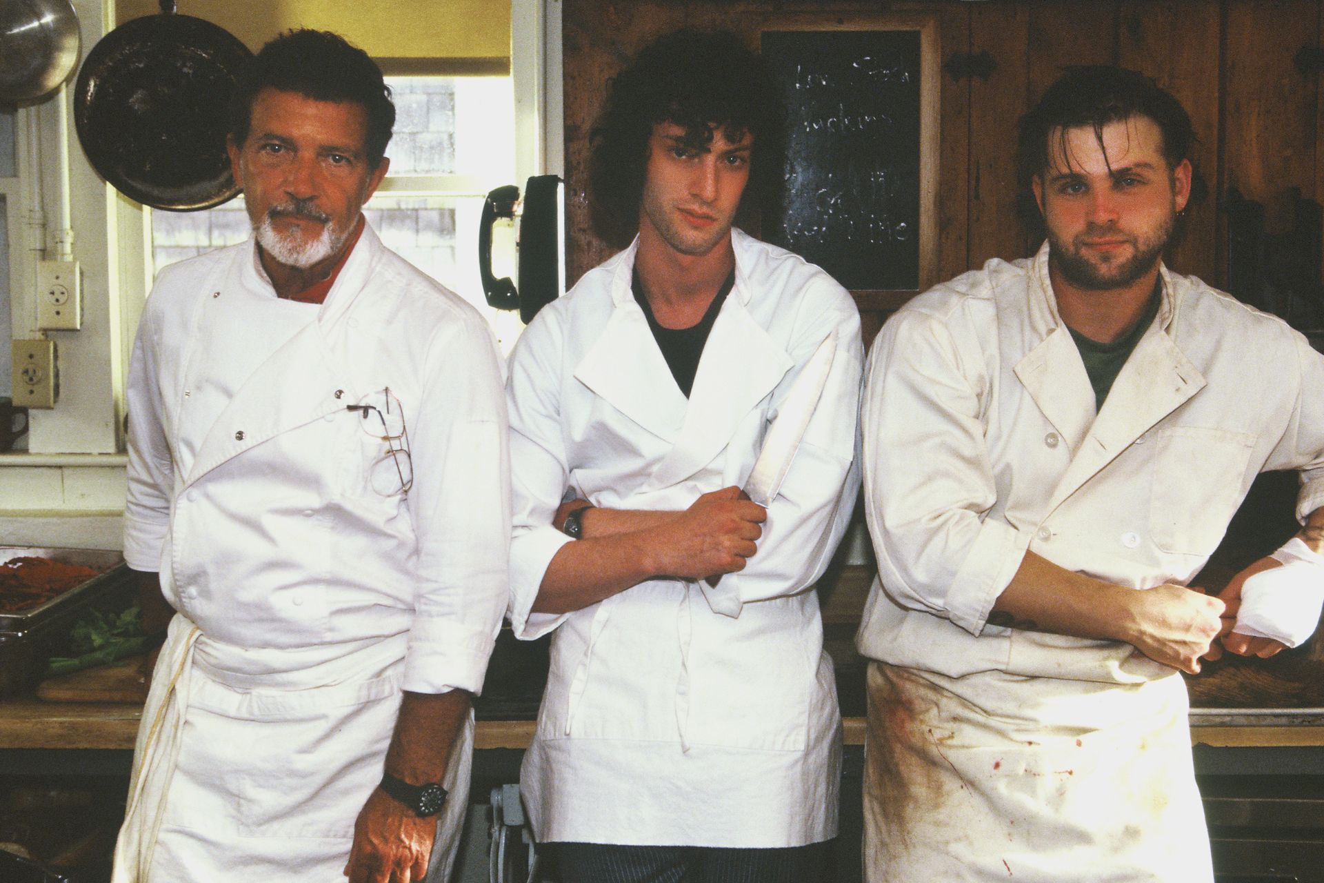 L-R) Antonio Banderas, Dominic Sessa, Leo Woodall in Tony