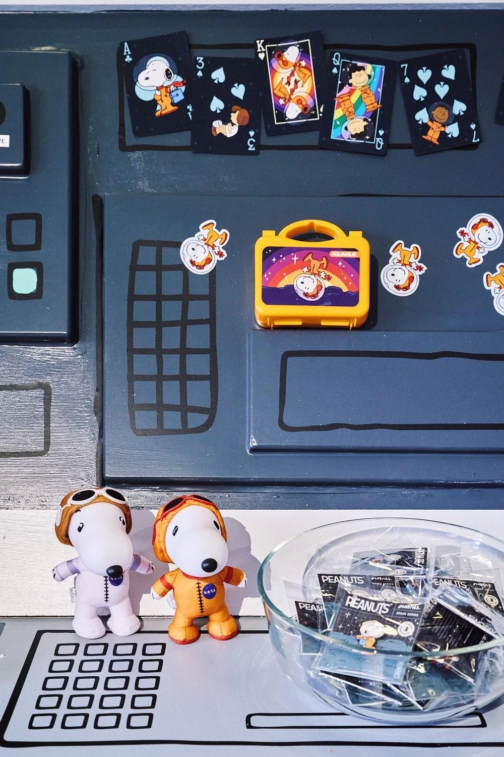 Snoopy merchandise in space-themed concept store