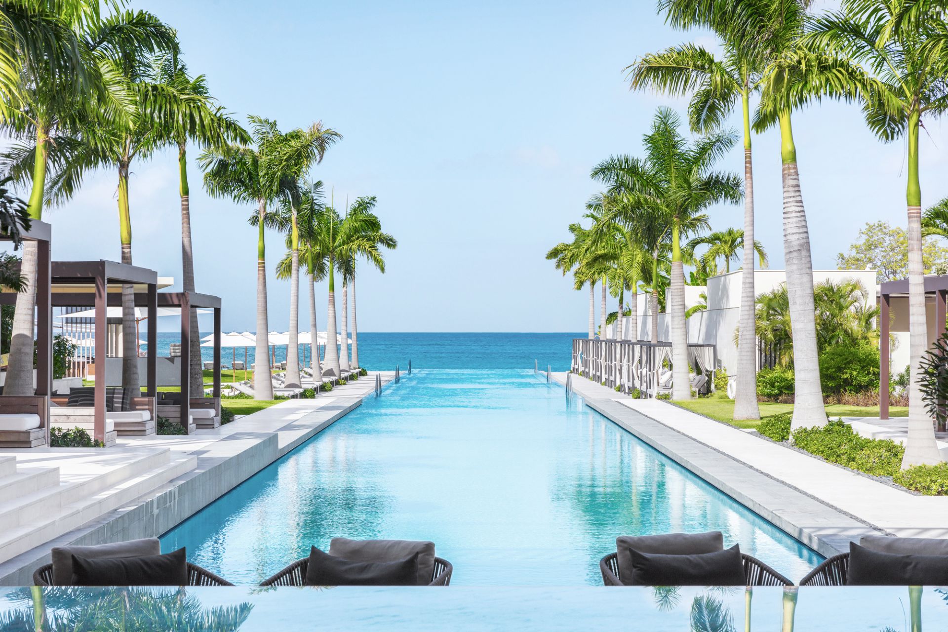 A long, slim, palm tree lined infinity pool ending at the sea