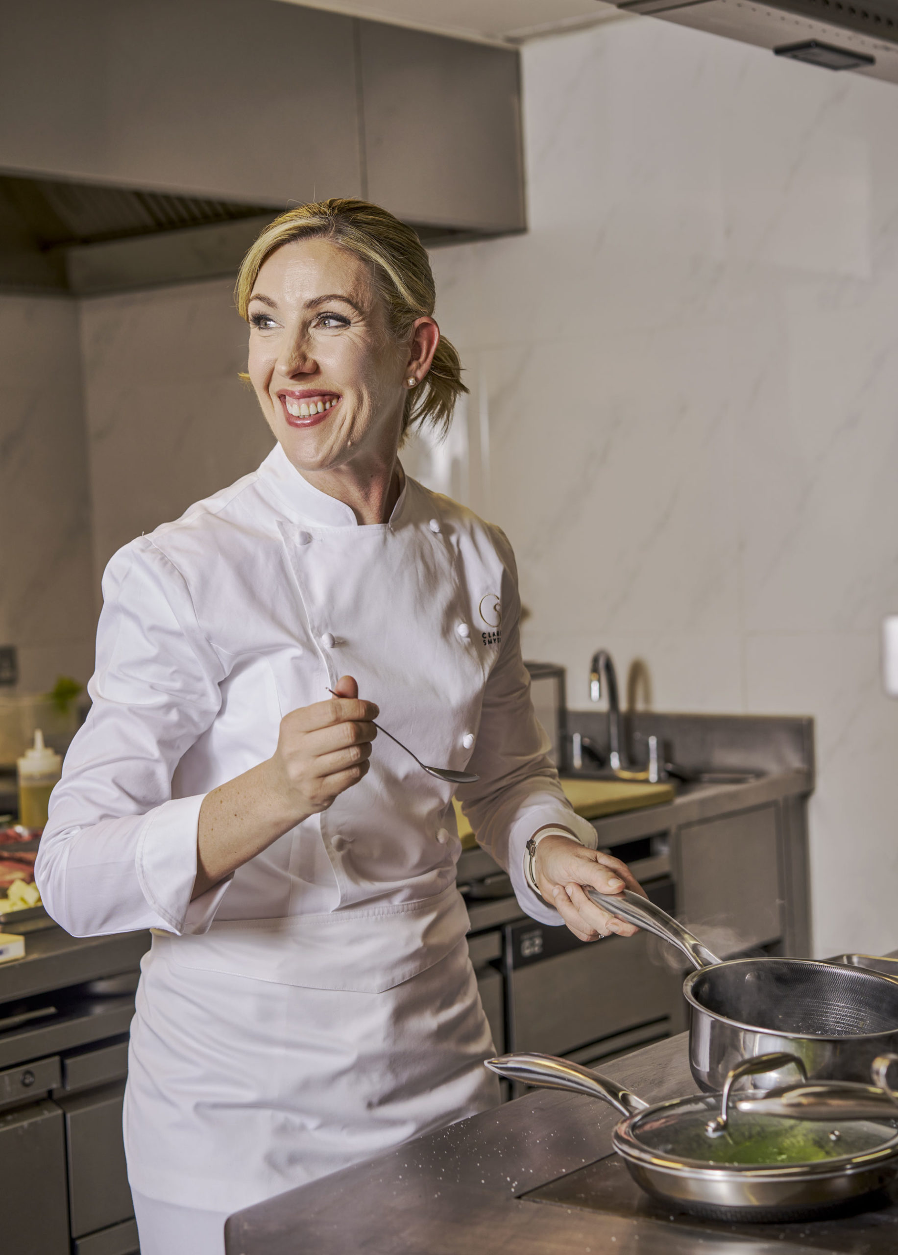 Clare Smyth with a Hexclad pan