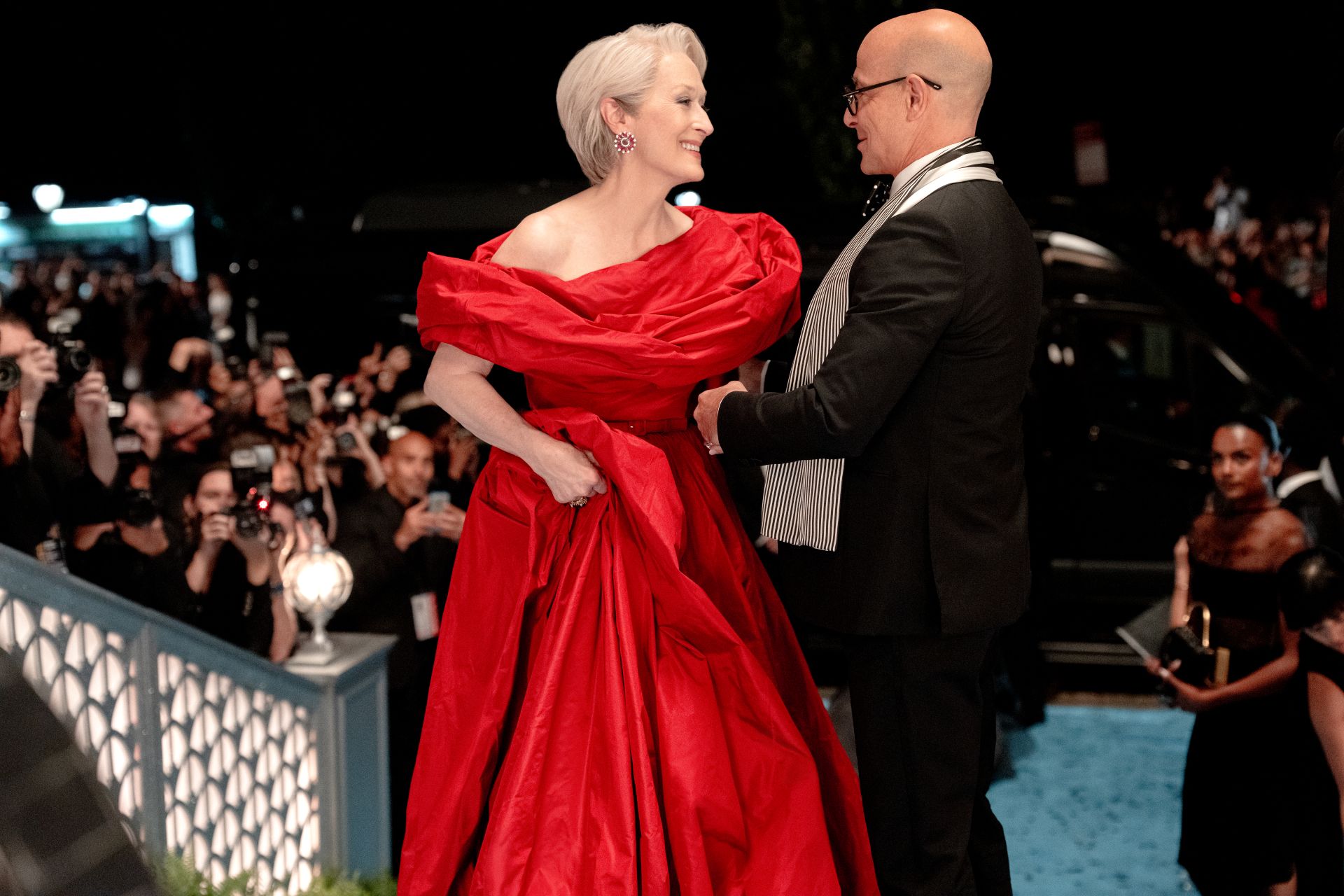 Meryl Streep as Miranda Priestly and Stanley Tucci as Nigel Kipling in 20th Century Studios' THE DEVIL WEARS PRADA 2