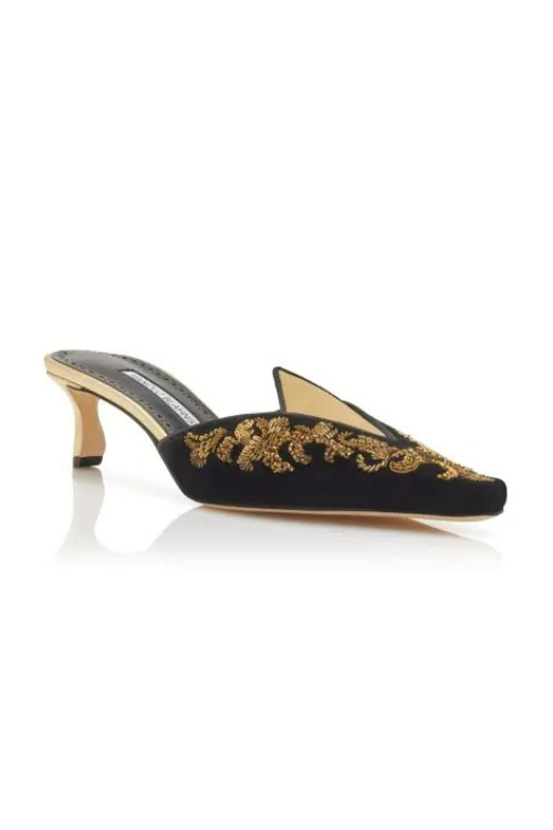 Manolo Blahnik RAMALASSMU Black Velvet & Gold Mules