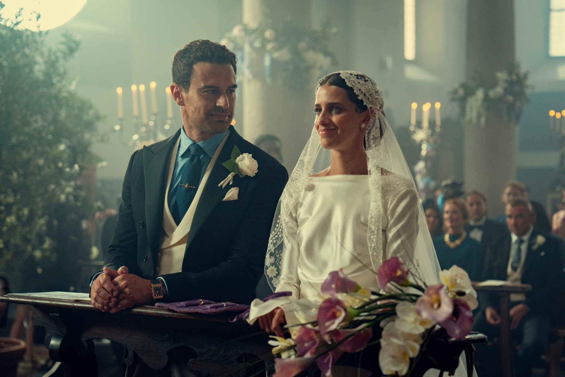 Theo James as Eddie and Benedetta Porcaroli as Bella in The Gentlemen season 2