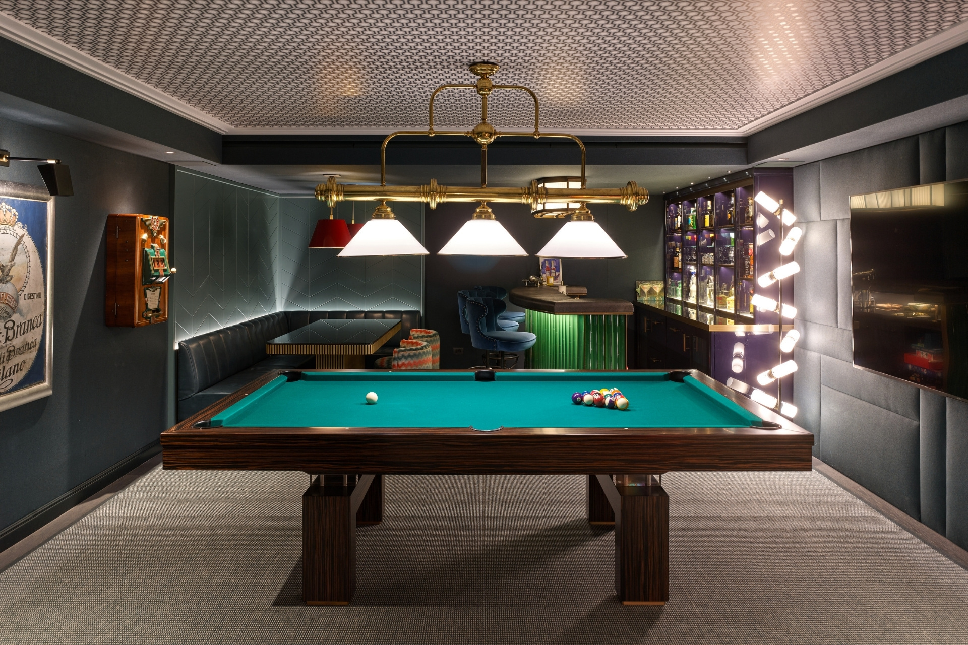 Game room in Lake Como home designed by Thorp Design
